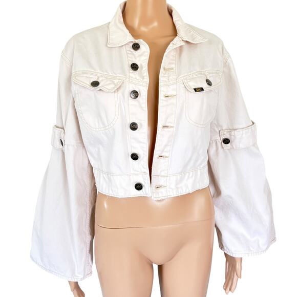 Upcycled Bell Sleeve Denim Cropped Jacket Minimalist Edgy Streetwear Cream S - Picture 1 of 14